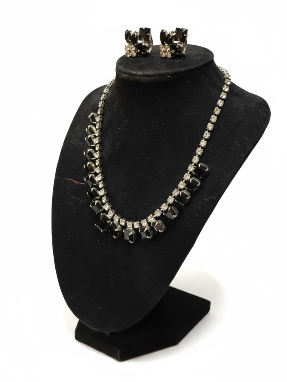 Vintage Black Rhinestone Necklace Earring Set Old Hollywood Glam